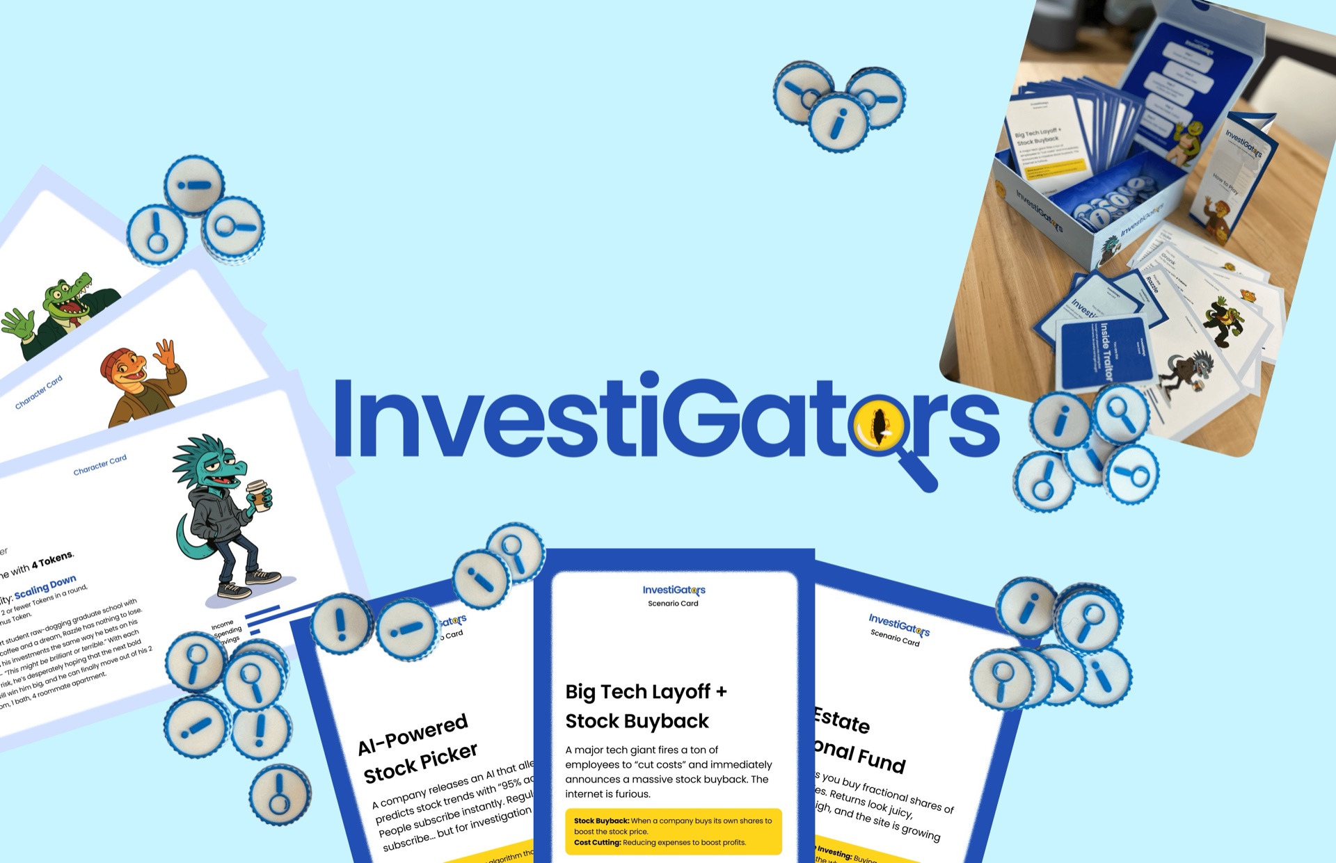 InvestiGators logo over a fan of scenario and character cards, tokens, and the packaged box, on light blue