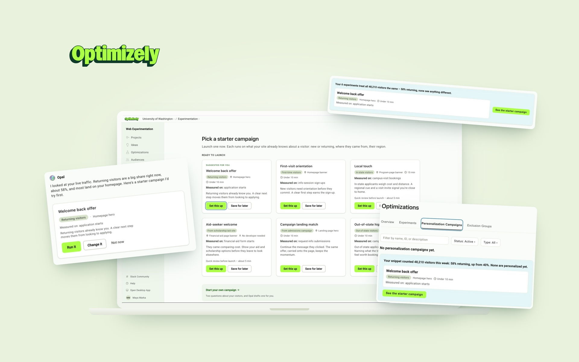 Optimizely's starter-campaign picker on a laptop, with Opal's suggested campaign and the nudge that surfaces it floating alongside