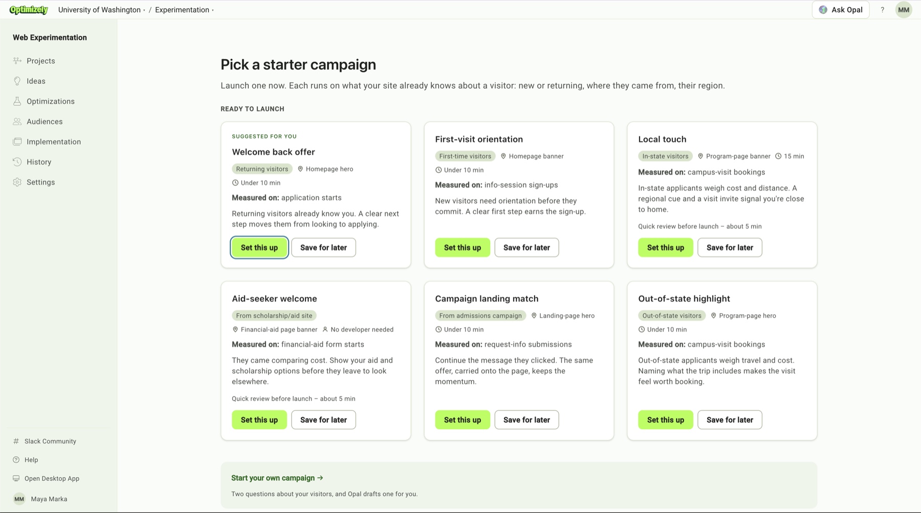 Optimizely's starter-campaign picker: six ready-to-launch campaigns, one suggested by Opal